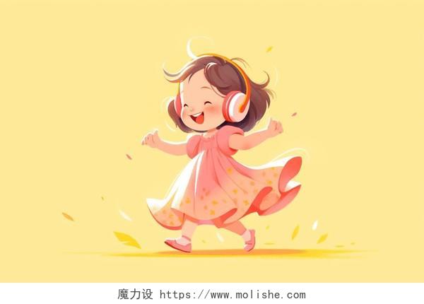 可爱带着耳机的小女孩开心舞蹈卡通AI元素